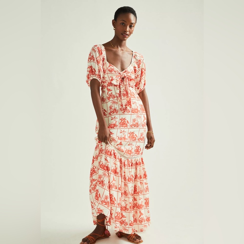 Farm Rio Anthropologie Odessa Maxi Dress Orange Cream Floral Size L Boho Spring